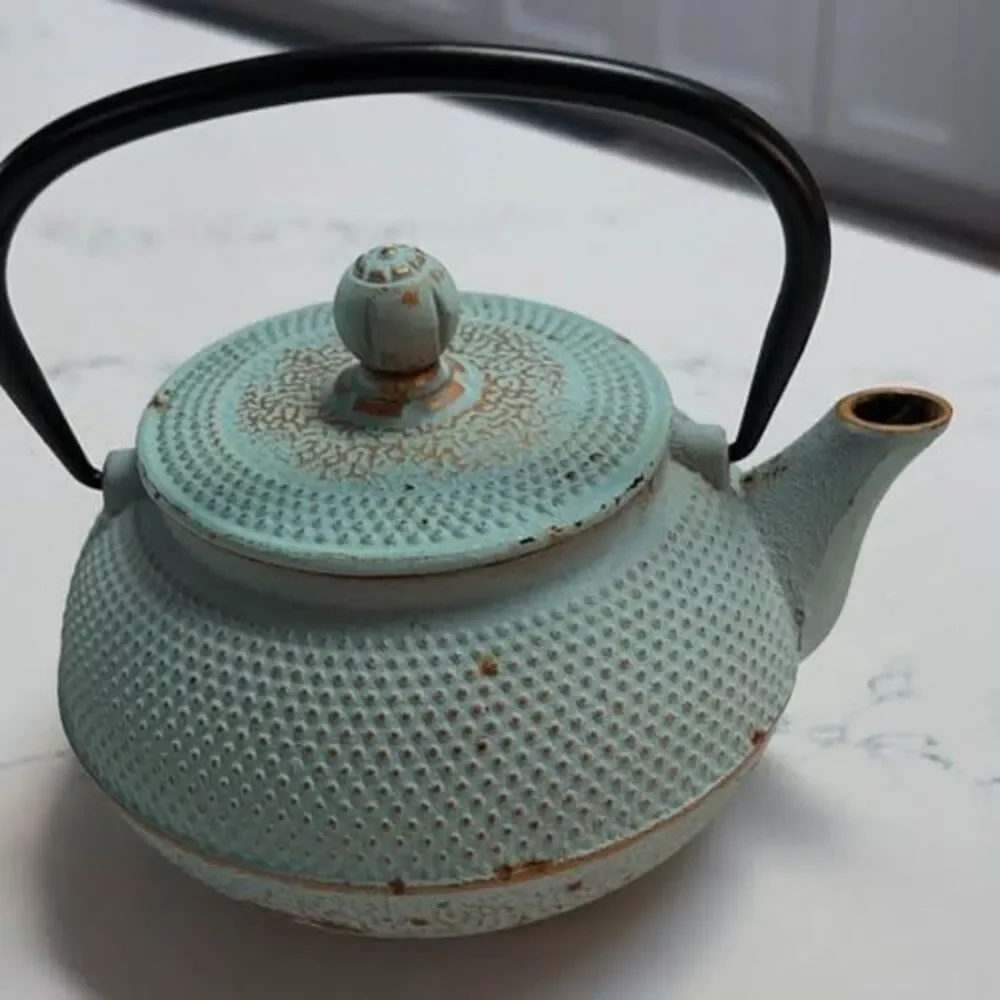 Vintage Japanese Tetsubin Cast Iron Teapot Turquoise Blue Hobnail Arare